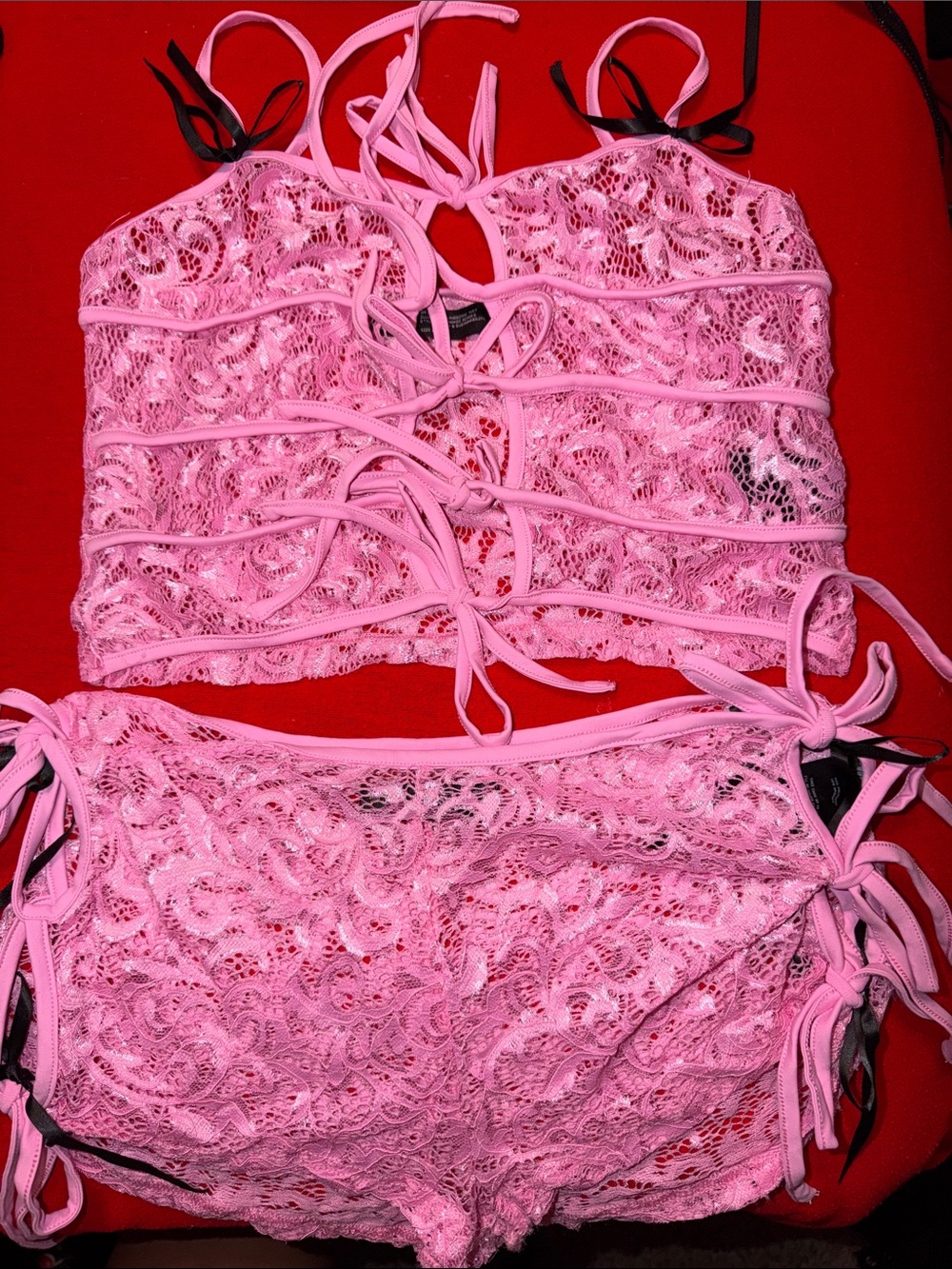 Finesse Pink Lace Two-Piece Tie-Back Intimate Set